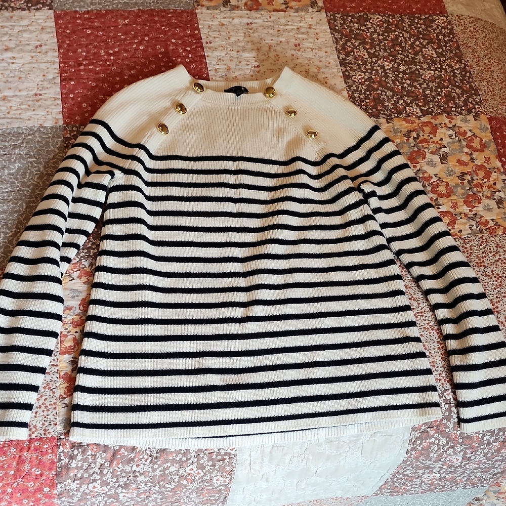 Talbots Black and White Striped Sweater with Gold Buttons